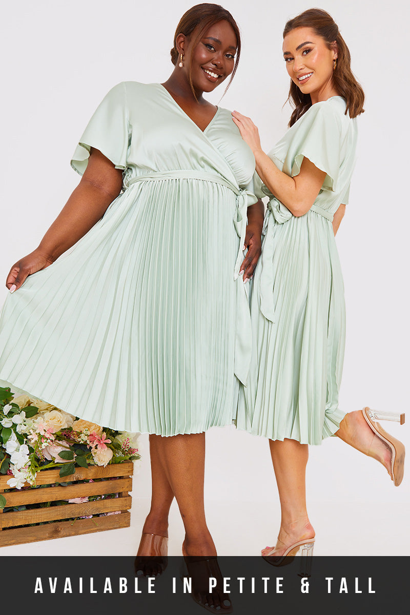 Angel Sleeve Pleated Wrap Midi Dress