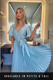 Angel Sleeve Pleated Wrap Midi Dress