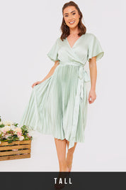 Angel Sleeve Pleated Wrap Midi Dress