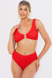 Textured Scoop Neck Ring Detail Bikini Top