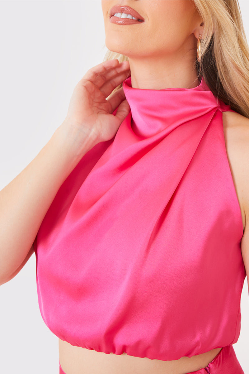 Satin Draped High Neck Top Co Ord