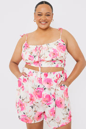 Printed Gathered Bust Tie Strap Top Co-ord