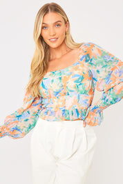 Blurred Floral Milkmaid Shirred Sleeve Top