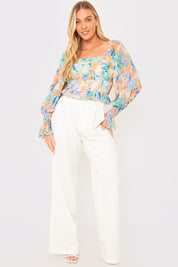 Blurred Floral Milkmaid Shirred Sleeve Top