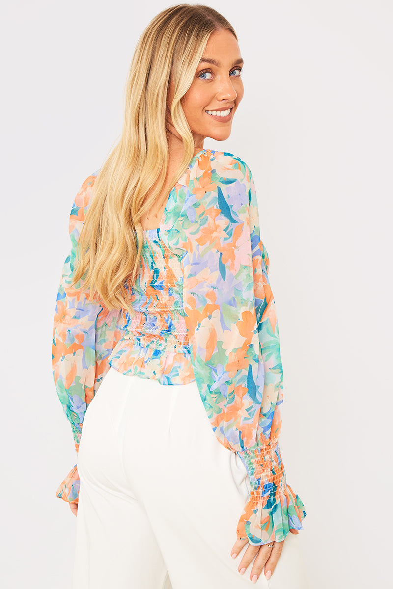 Blurred Floral Milkmaid Shirred Sleeve Top