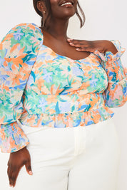 Blurred Floral Milkmaid Shirred Sleeve Top