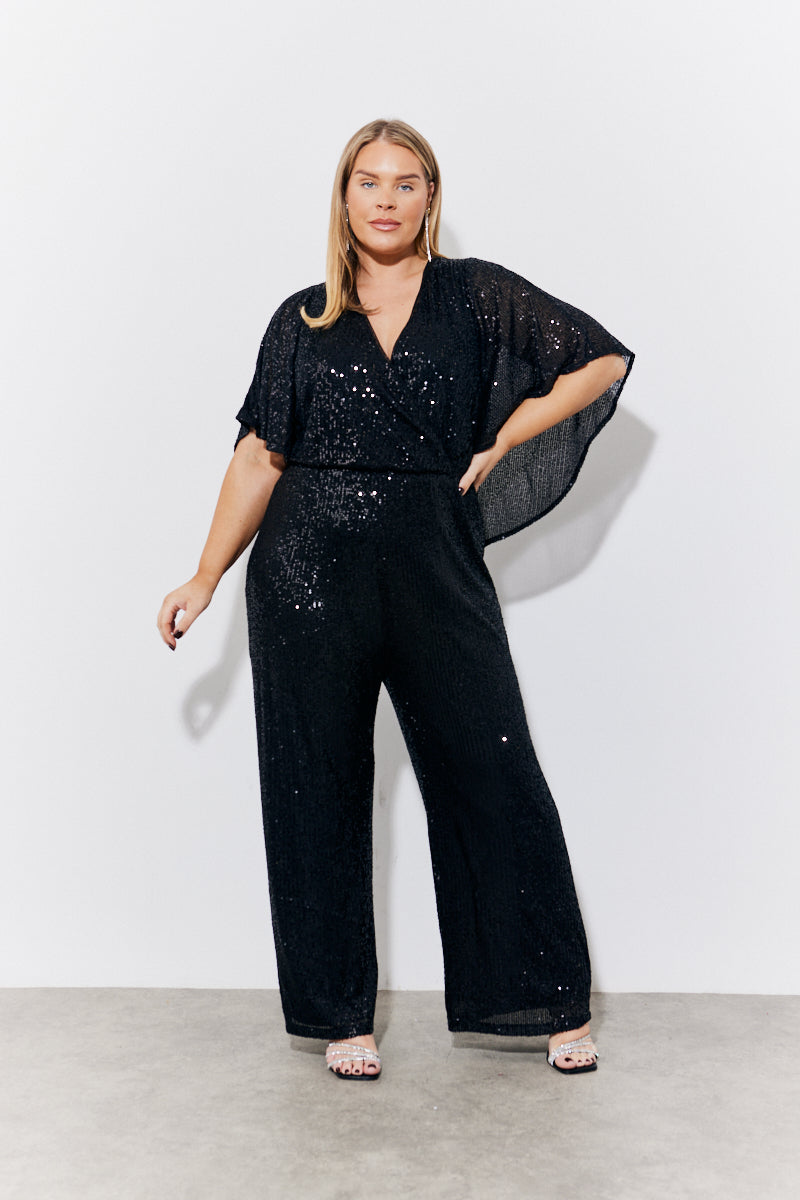 Black Sequin Cape Style Wide Leg Jumpsuit – InTheStyle