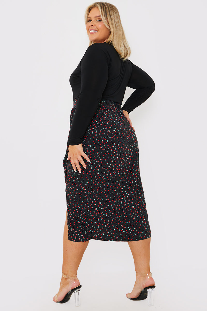 Floral Print Ruched Midi Skirt