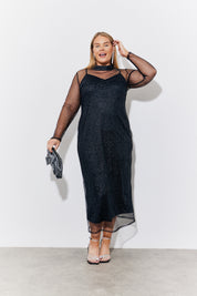 Black Mesh Rhinestone Maxi Dress with Removable Jersey Slip Dress