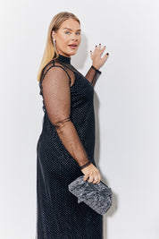 Black Mesh Rhinestone Maxi Dress with Removable Jersey Slip Dress