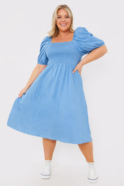 Chambray Shirred Balloon Sleeve Maxi Dress