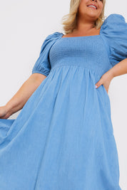 Chambray Shirred Balloon Sleeve Maxi Dress