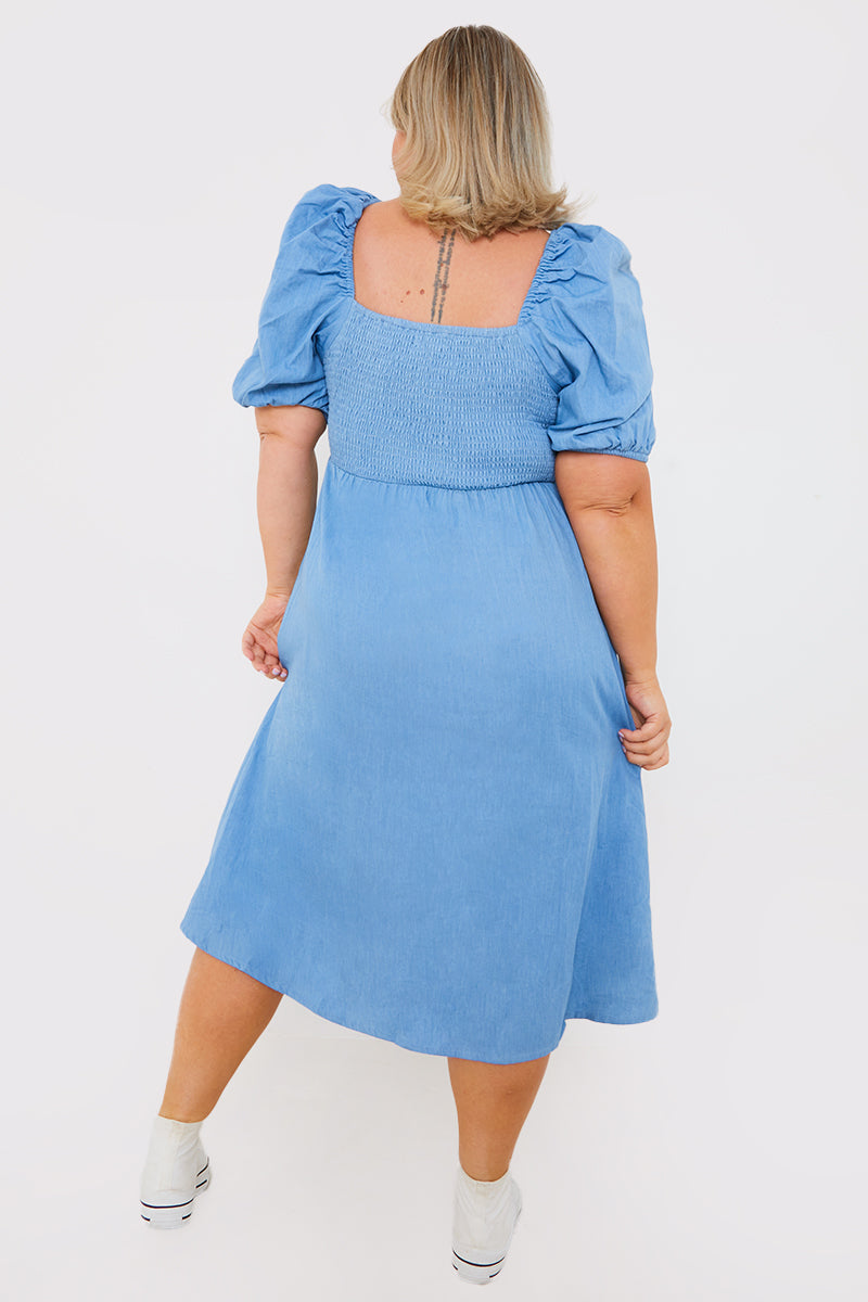 Chambray Shirred Balloon Sleeve Maxi Dress