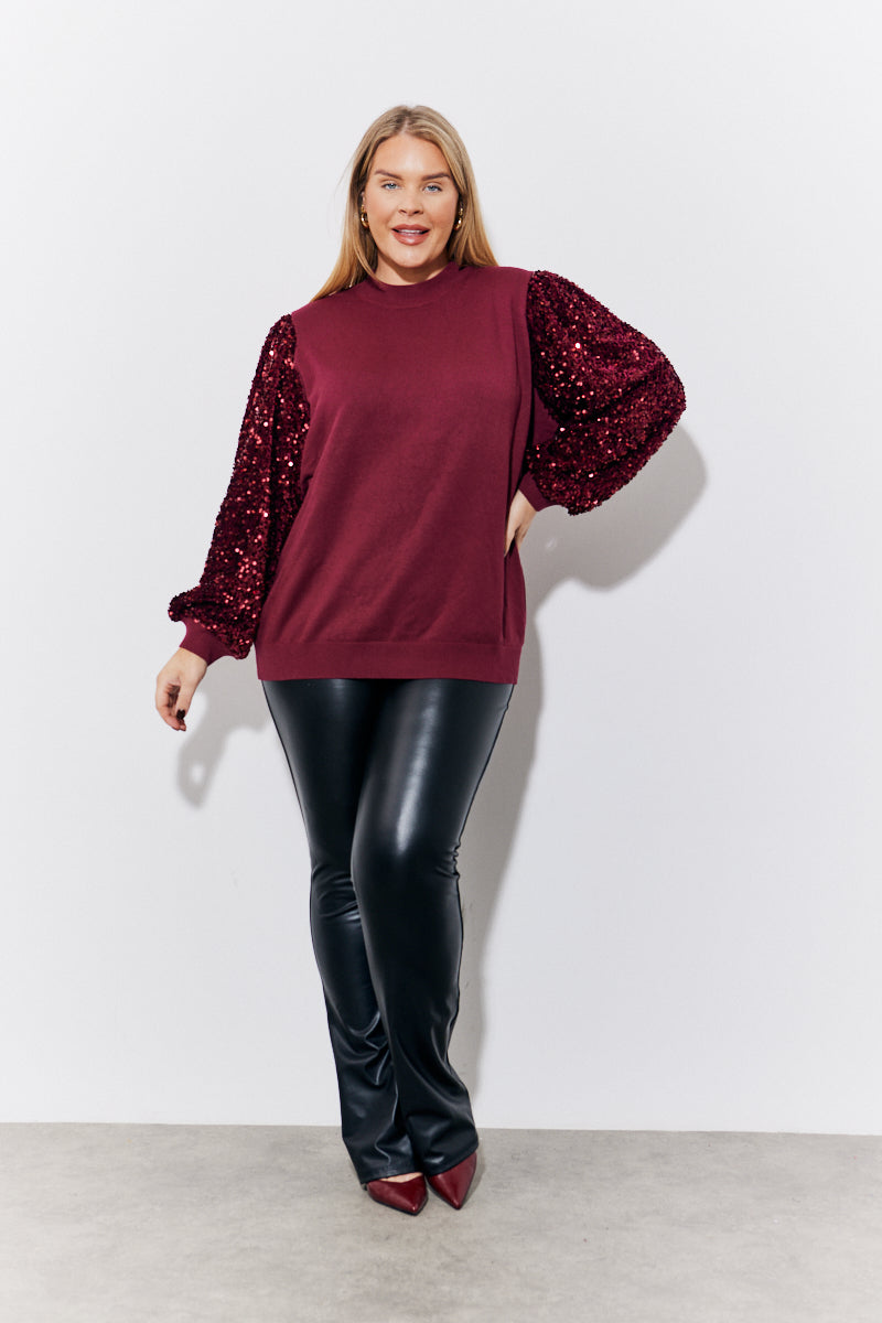 Burgundy Sequin Balloon Sleeve Knitted Jumper – InTheStyle
