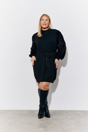 Black Sequin Balloon Sleeve Knit Belted Jumper Dress