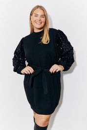 Black Sequin Balloon Sleeve Knit Belted Jumper Dress