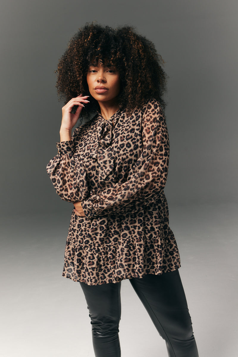 Pussybow Tiered Animal Print Blouse