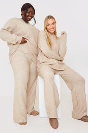 Recycled Contrast Knitted Ribbed Co Ord Wide Leg Trouser
