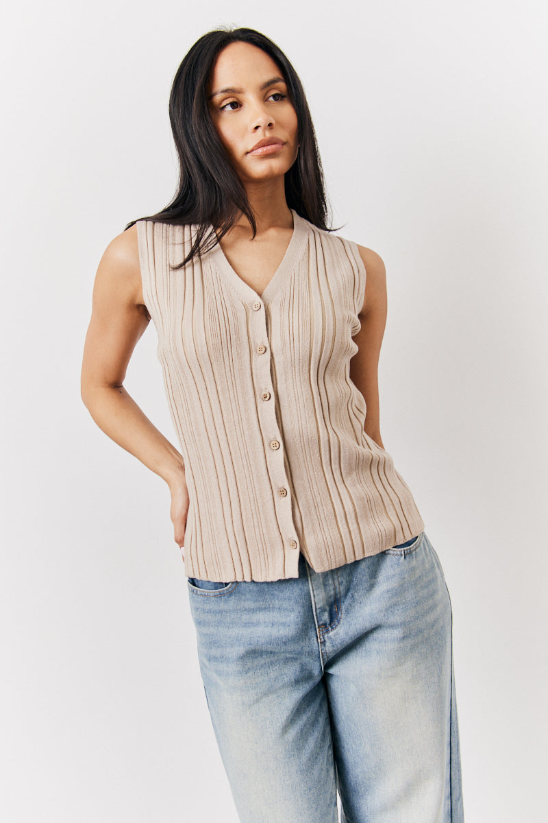 Mocha Ribbed Button Up Knitted Waistcoat – InTheStyle