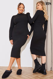 High Neck Variegated Rib Midi Dress