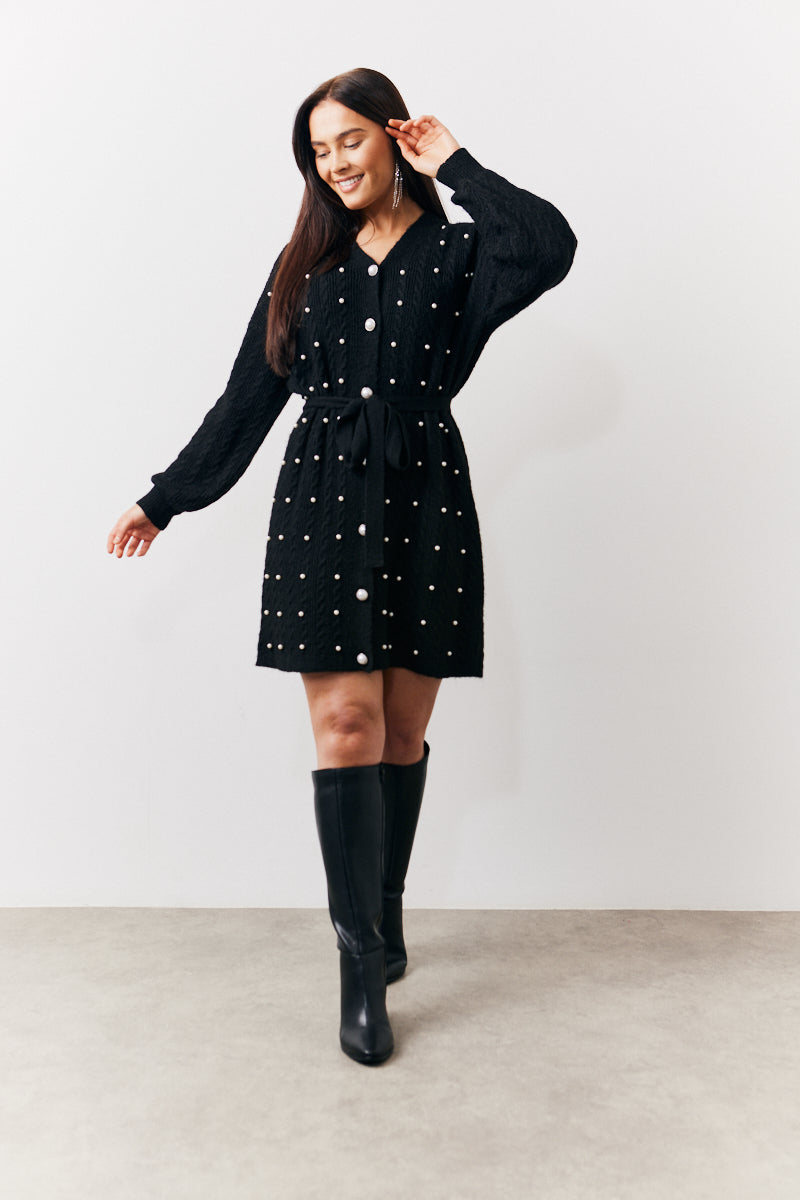 Black Pearl Detail Cable Belted Jumper Dress – InTheStyle