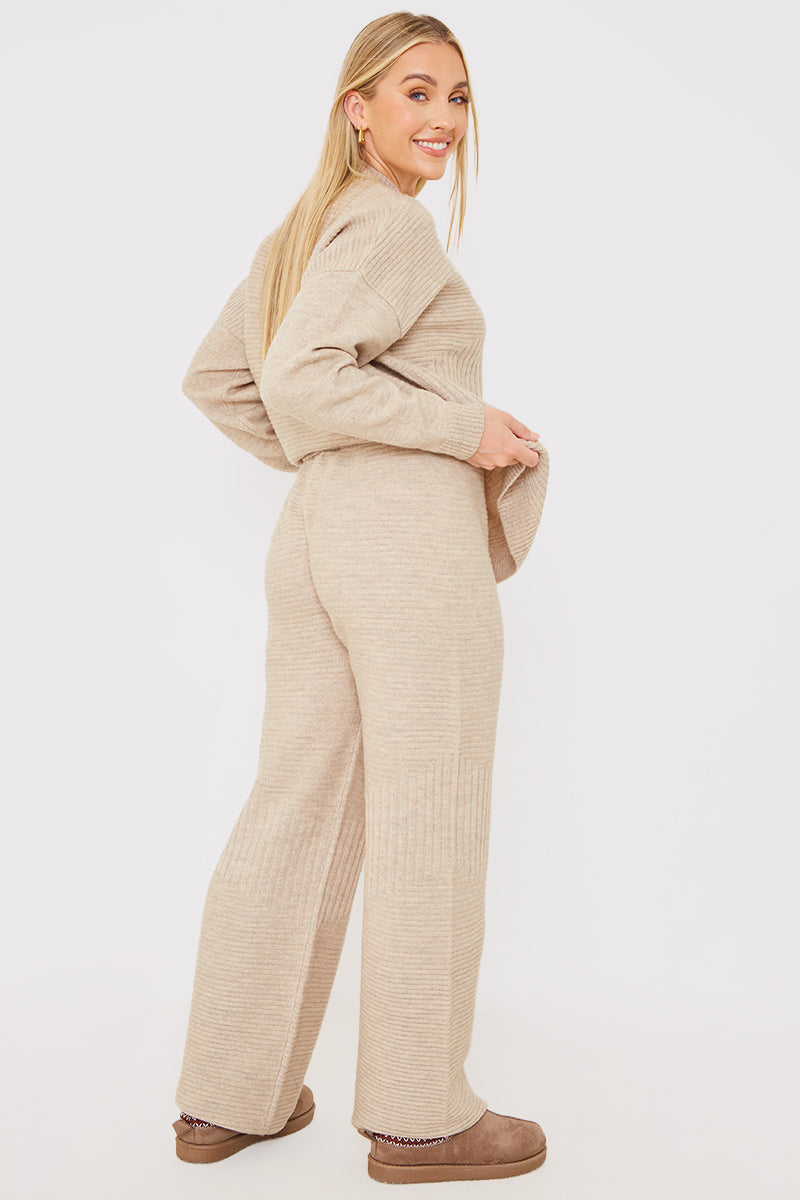 Recycled Contrast Knitted Ribbed Co Ord Wide Leg Trouser