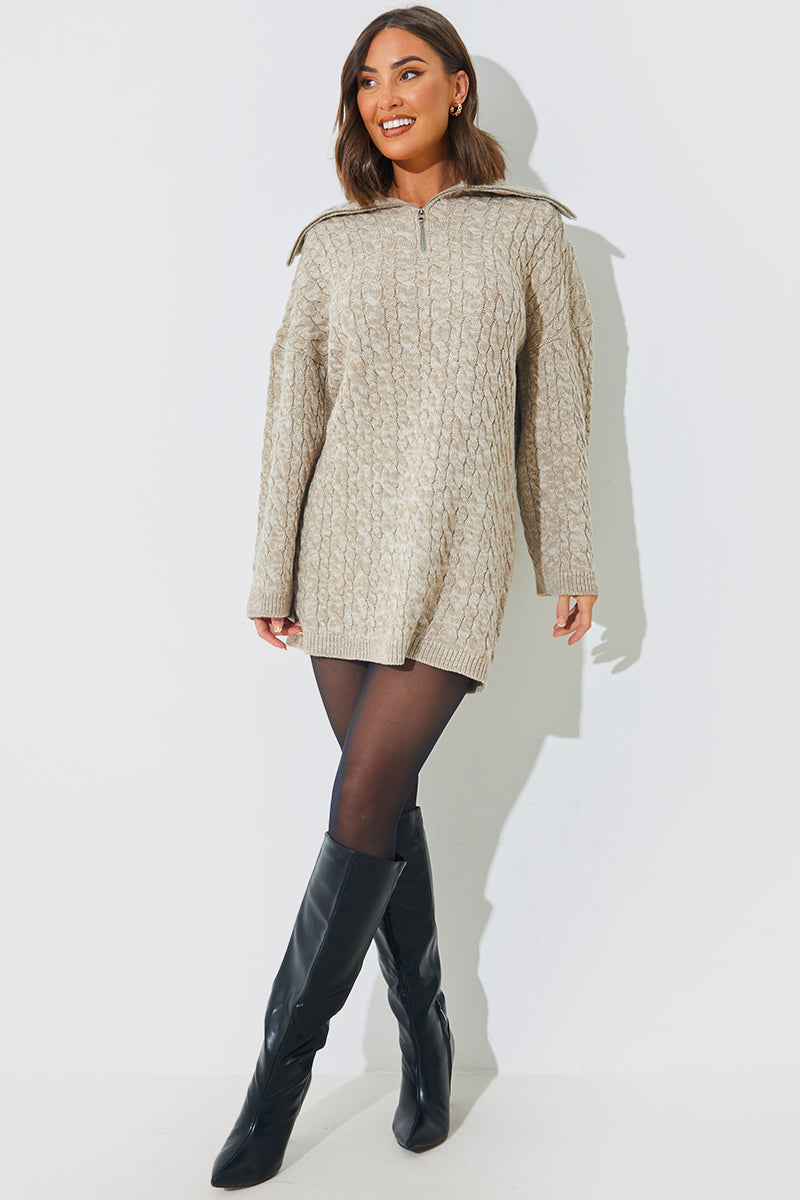 Zip Up Cable Knit Mini Dress