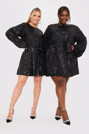 Sequin Belted Balloon Sleeve Mini Dress