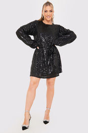 Sequin Belted Balloon Sleeve Mini Dress