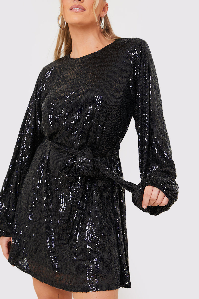 Sequin Belted Balloon Sleeve Mini Dress