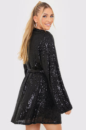 Sequin Belted Balloon Sleeve Mini Dress