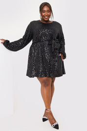 Sequin Belted Balloon Sleeve Mini Dress