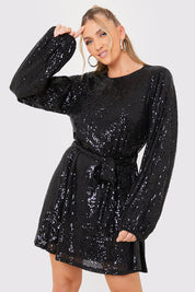 Sequin Belted Balloon Sleeve Mini Dress