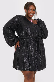 Sequin Belted Balloon Sleeve Mini Dress