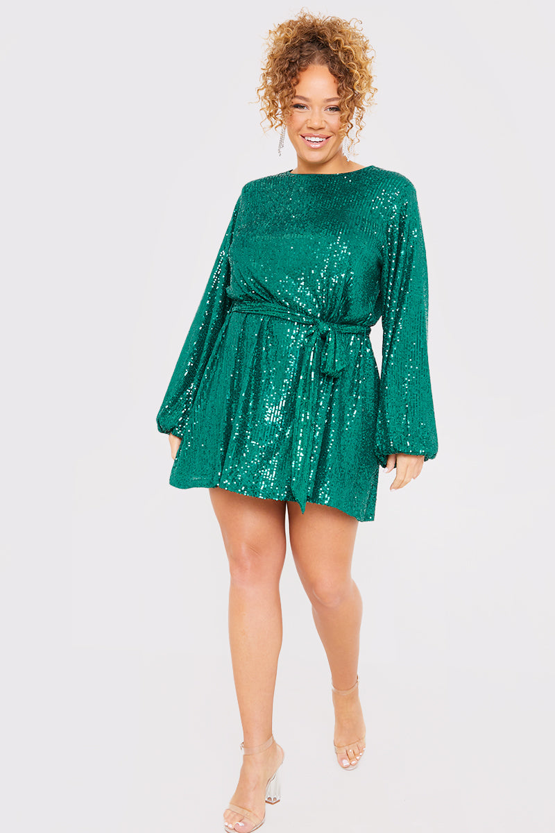 Sequin Belted Balloon Sleeve Mini Dress