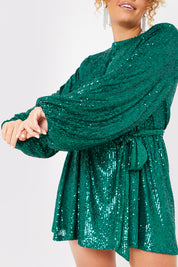 Sequin Belted Balloon Sleeve Mini Dress