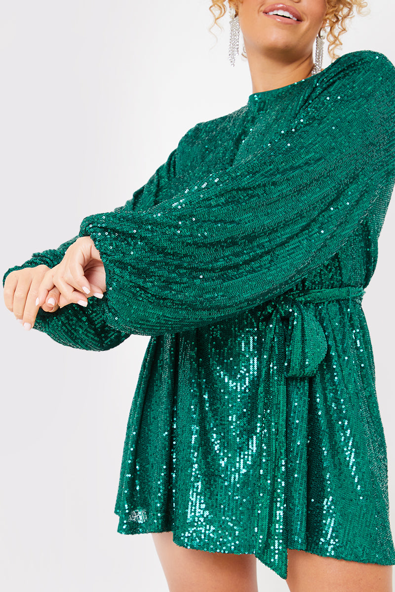 Sequin Belted Balloon Sleeve Mini Dress