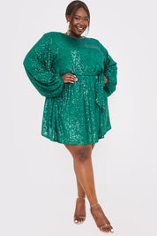 Sequin Belted Balloon Sleeve Mini Dress