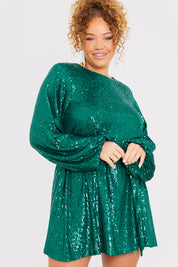 Sequin Belted Balloon Sleeve Mini Dress