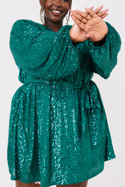 Sequin Belted Balloon Sleeve Mini Dress