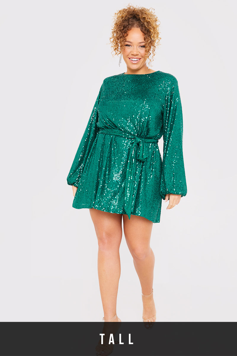 Sequin Belted Balloon Sleeve Mini Dress