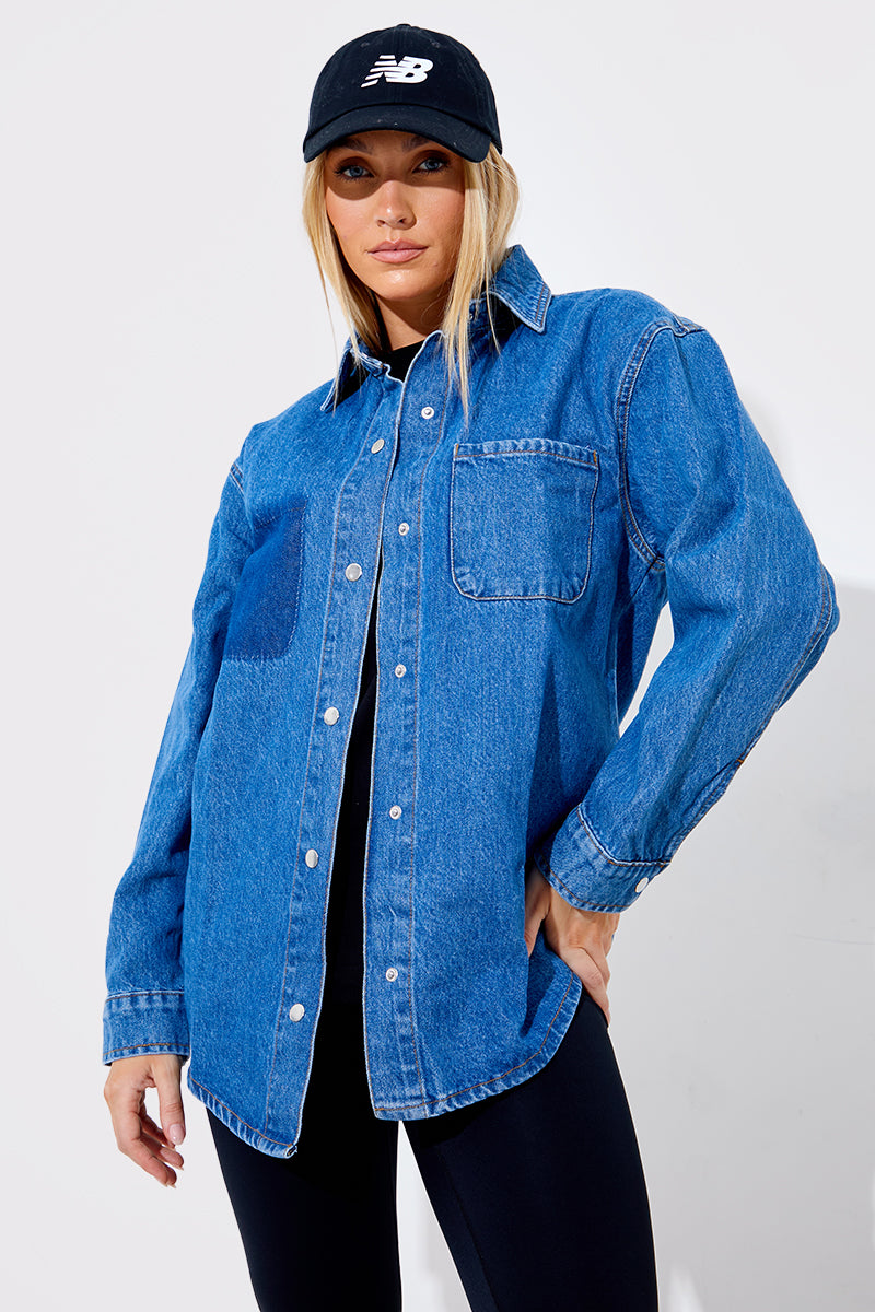 Denim Shirt With Brown Sequined Net Pockets