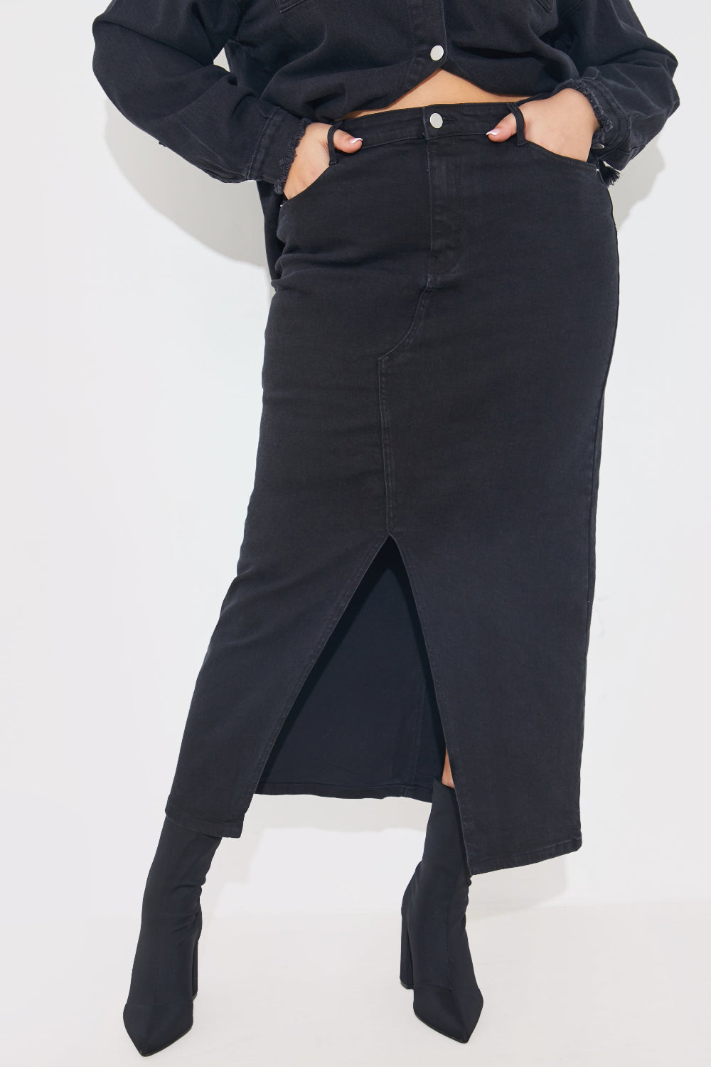 Washed Split Detail Denim Maxi Skirt