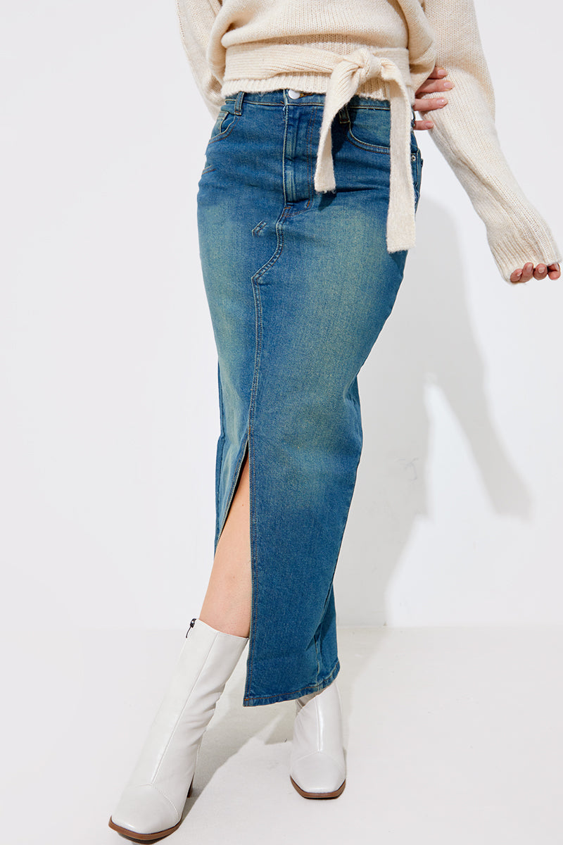 Vintage Wash Split Detail Denim Maxi Skirt