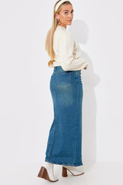 Vintage Wash Split Detail Denim Maxi Skirt