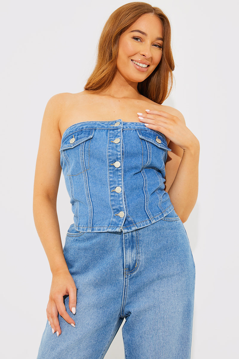 Denim Button Through Corset Bandeau Top
