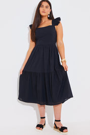 Cotton Dobby Frill Strap Tie Back Midi Dress