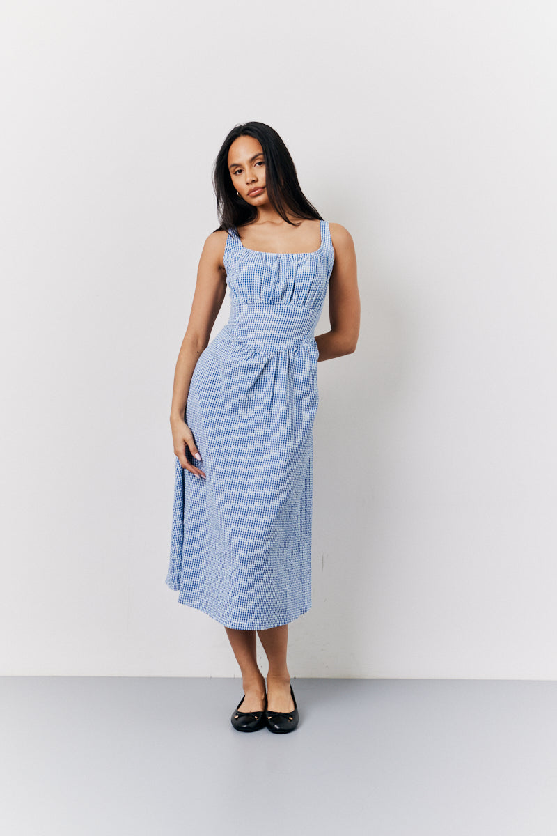 Blue Seersucker Gingham Milkmaid Midaxi Dress