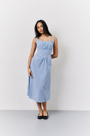 Blue Seersucker Gingham Milkmaid Midaxi Dress