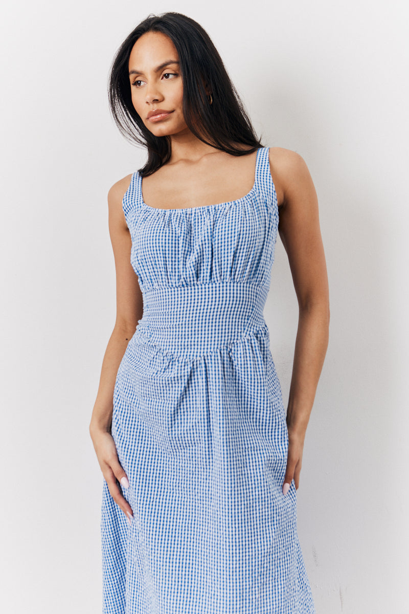 Blue Seersucker Gingham Milkmaid Midaxi Dress